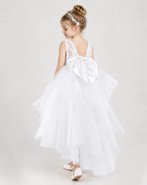 White Flower Girl Dresses Lace Bodice Bow Back Tiered Tulle Knee-Length Dress Back View