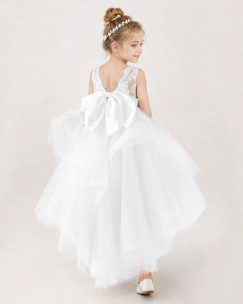 White Tulle Ball Gown Flower Girl Dress Back View