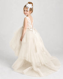 Champagne Flower Girl Dress Lace Bodice Layered Tulle Sweep Train Gown Back view