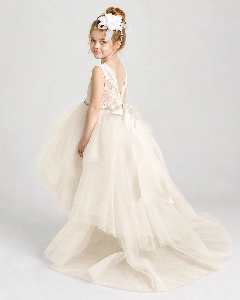 Champagne Tulle A-line Flower Girl Dress Side View