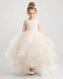 Champagne Flower Girl Dress Lace Bodice Layered Tulle Sweep Train Gown Front view