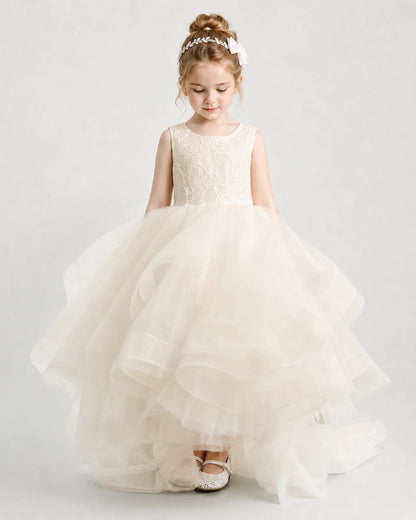 Champagne Flower Girl Dress Lace Bodice Layered Tulle Sweep Train Gown Front view