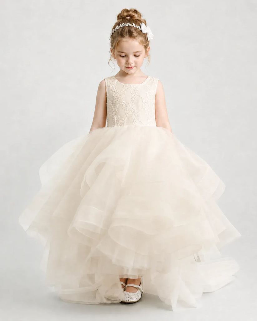 Champagne Lace Ball Gown Flower Girl Dress Front View