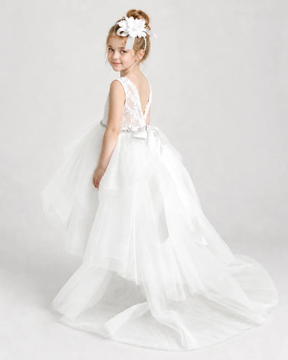 Ivory Flower Girl Dress Lace Bodice Layered Tulle Sweep Train Gown Back view
