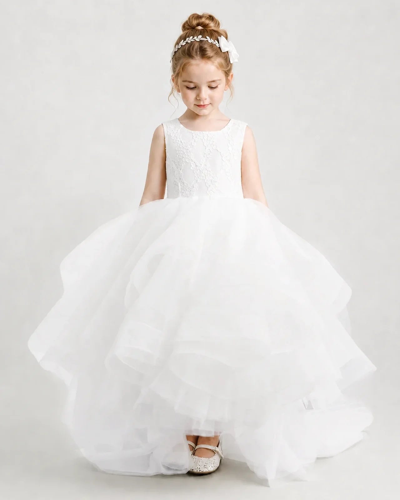 Ivory Flower Girl Dress Lace Bodice Layered Tulle Sweep Train Gown Front view