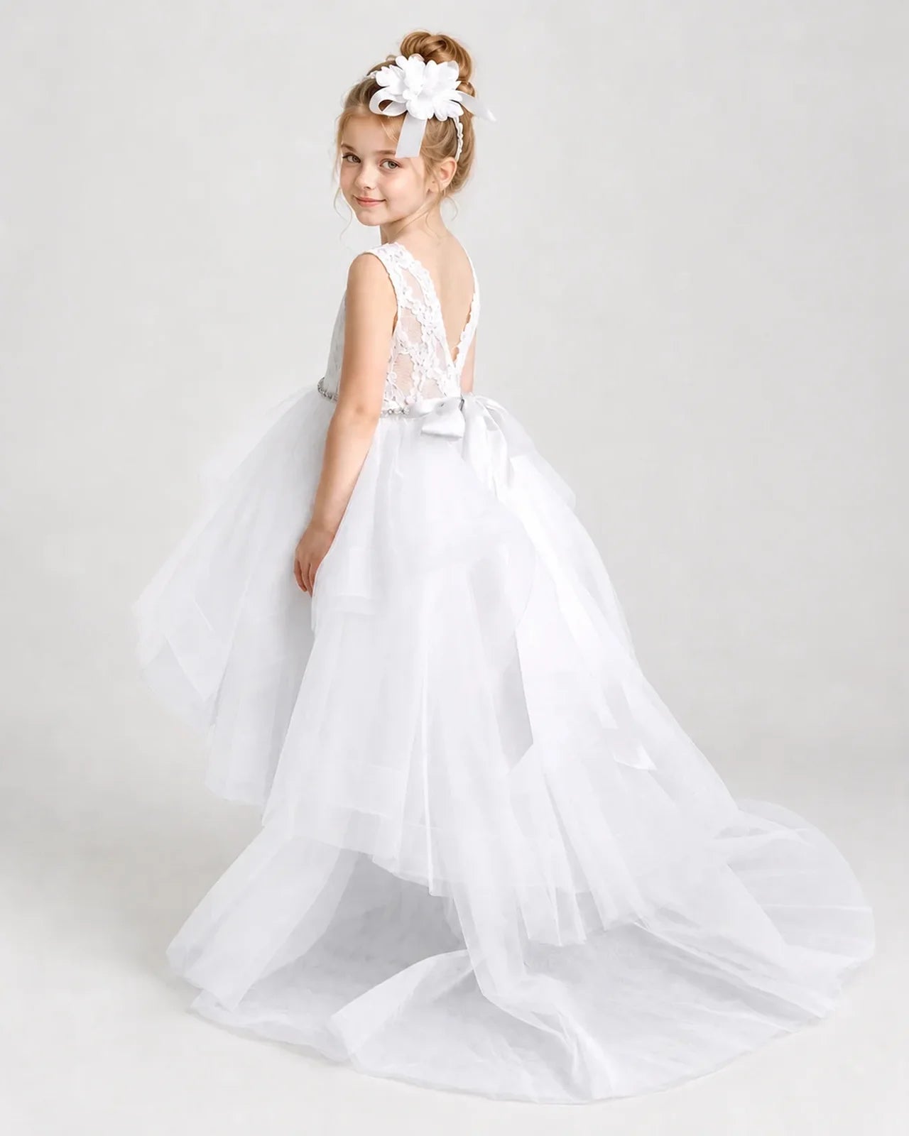 White Flower Girl Dress Lace Bodice Layered Tulle Sweep Train Gown Back view