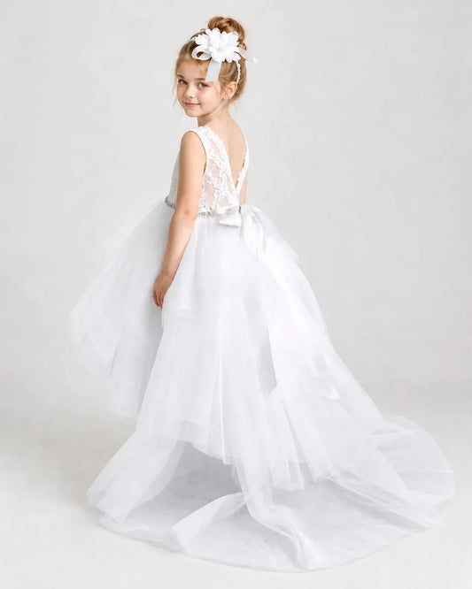 White Tulle A-line Flower Girl Dress Back View
