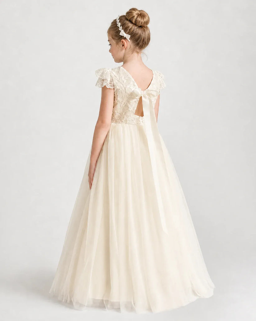 Champagne Lace A-line First Communion Dress Back View