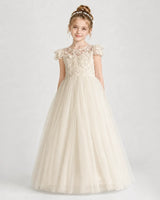 Champagne Lace A-line First Communion Dress Front View