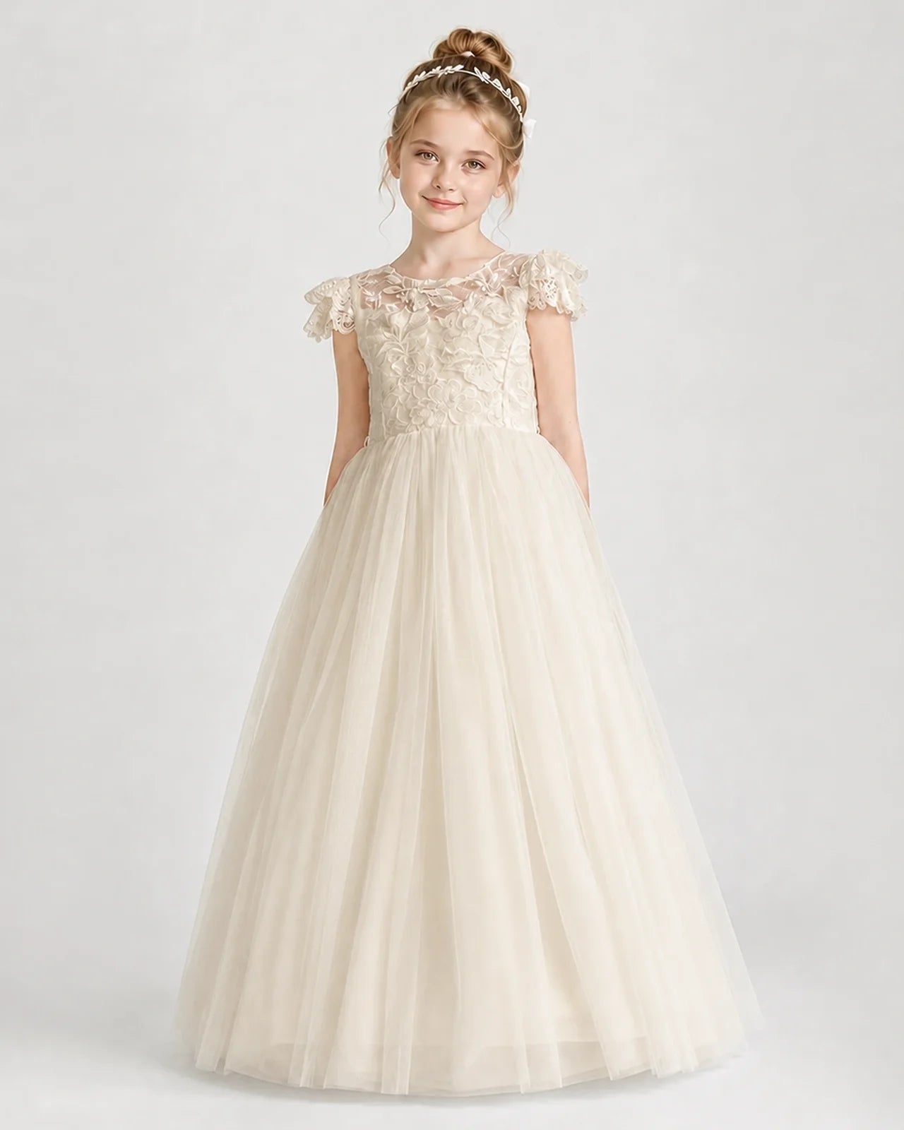 Champagne First Communion Dresses Flutter Sleeve Bow Back Tulle Floor-Length Gown Front View