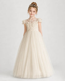Champagne First Communion Dresses Flutter Sleeve Bow Back Tulle Floor-Length Gown Front View