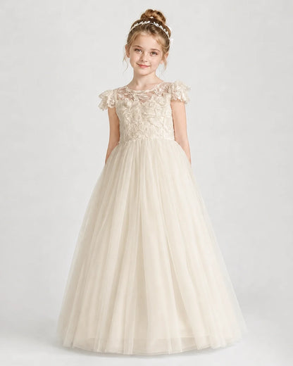 Champagne First Communion Dresses Flutter Sleeve Bow Back Tulle Floor-Length Gown Front View