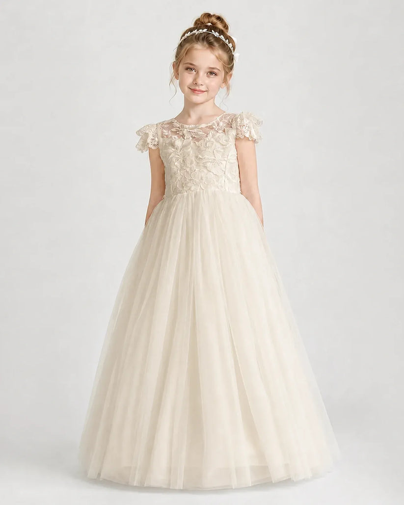 Champagne Lace A-line First Communion Dress Front View