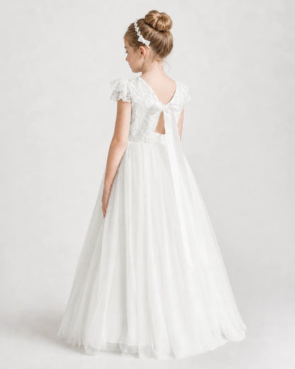 Ivory First Communion Dresses Flutter Sleeve Bow Back Tulle Floor-Length Gown Back View