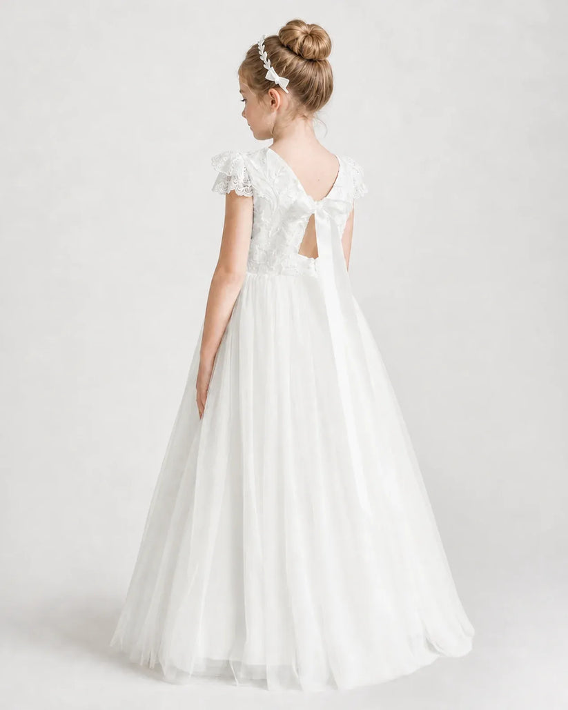 Ivory Lace A-line First Communion Dress Back View