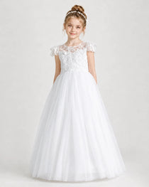 White First Communion Dresses Flutter Sleeve Bow Back Tulle Floor-Length Gown Front View