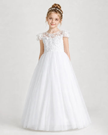 Dideyttawl Short Sleeve Lace Holy Communion Ball Gown