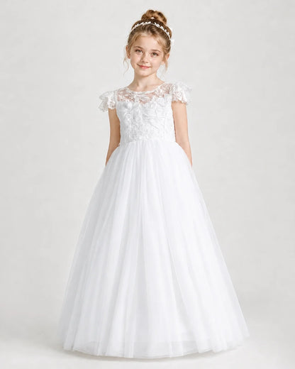 White First Communion Dresses Flutter Sleeve Bow Back Tulle Floor-Length Gown Front View