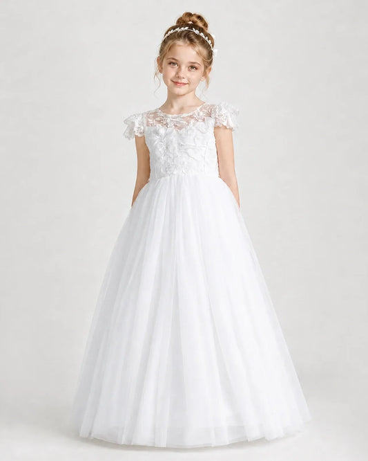 White Tulle A-line First Communion Dress Front View