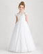 White First Communion Dresses Flutter Sleeve Bow Back Tulle Floor-Length Gown Front View