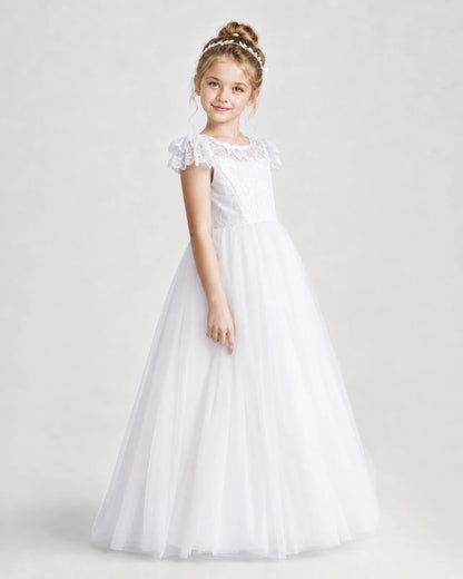 White First Communion Dresses Flutter Sleeve Bow Back Tulle Floor-Length Gown Front View