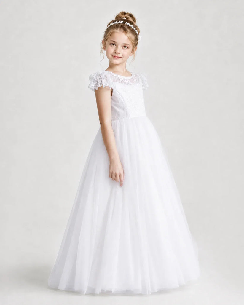 White Lace A-line First Communion Dress Side View