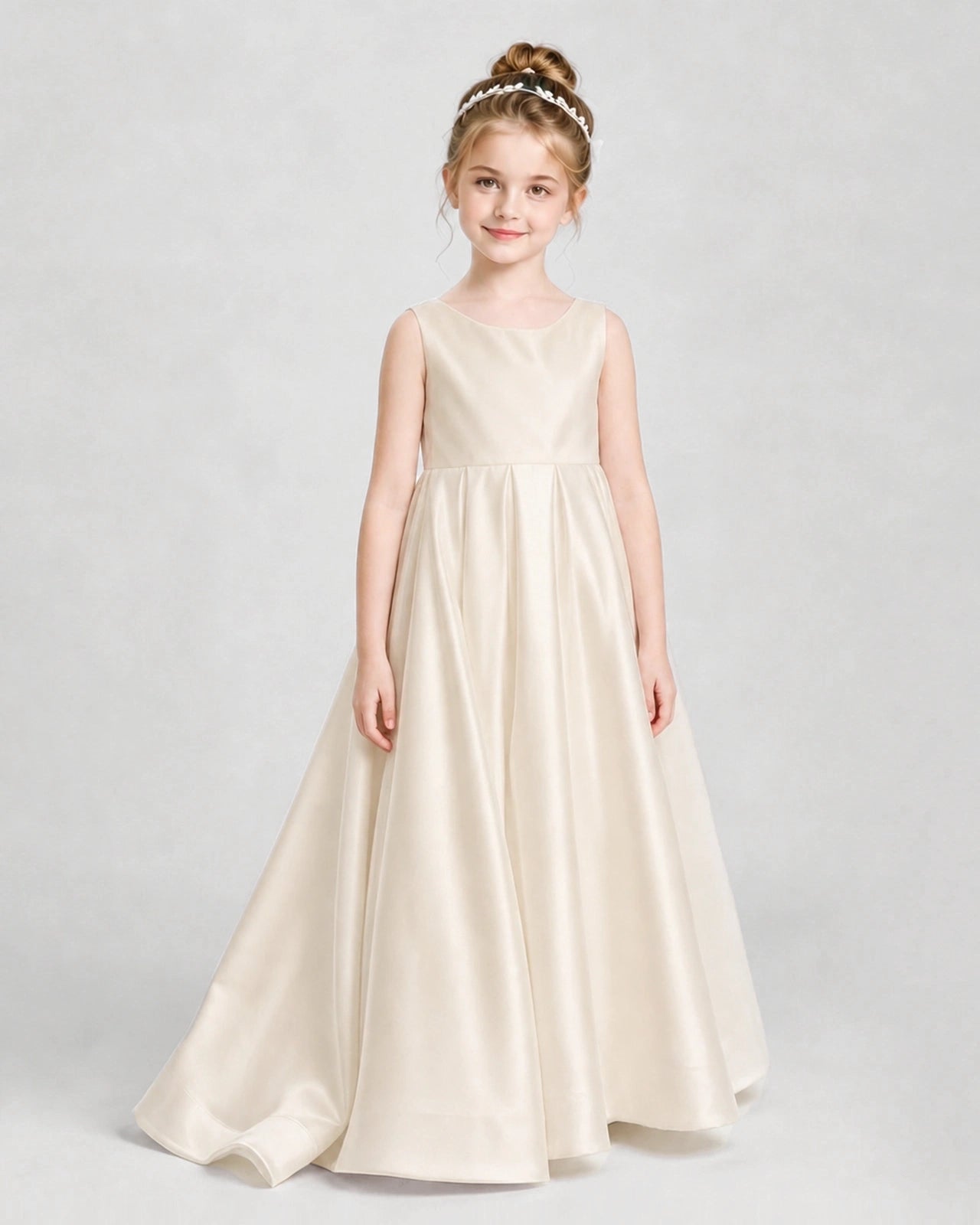 Champagne Flower Girl Dresses Deep V-Back Satin Bow Tulle Sweep Train Gown Front View