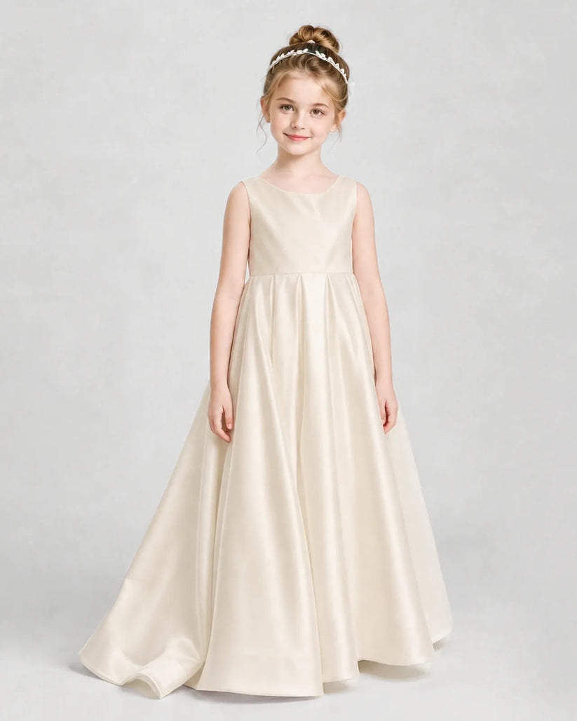 Champagne Satin A-line Flower Girl Dress Front View