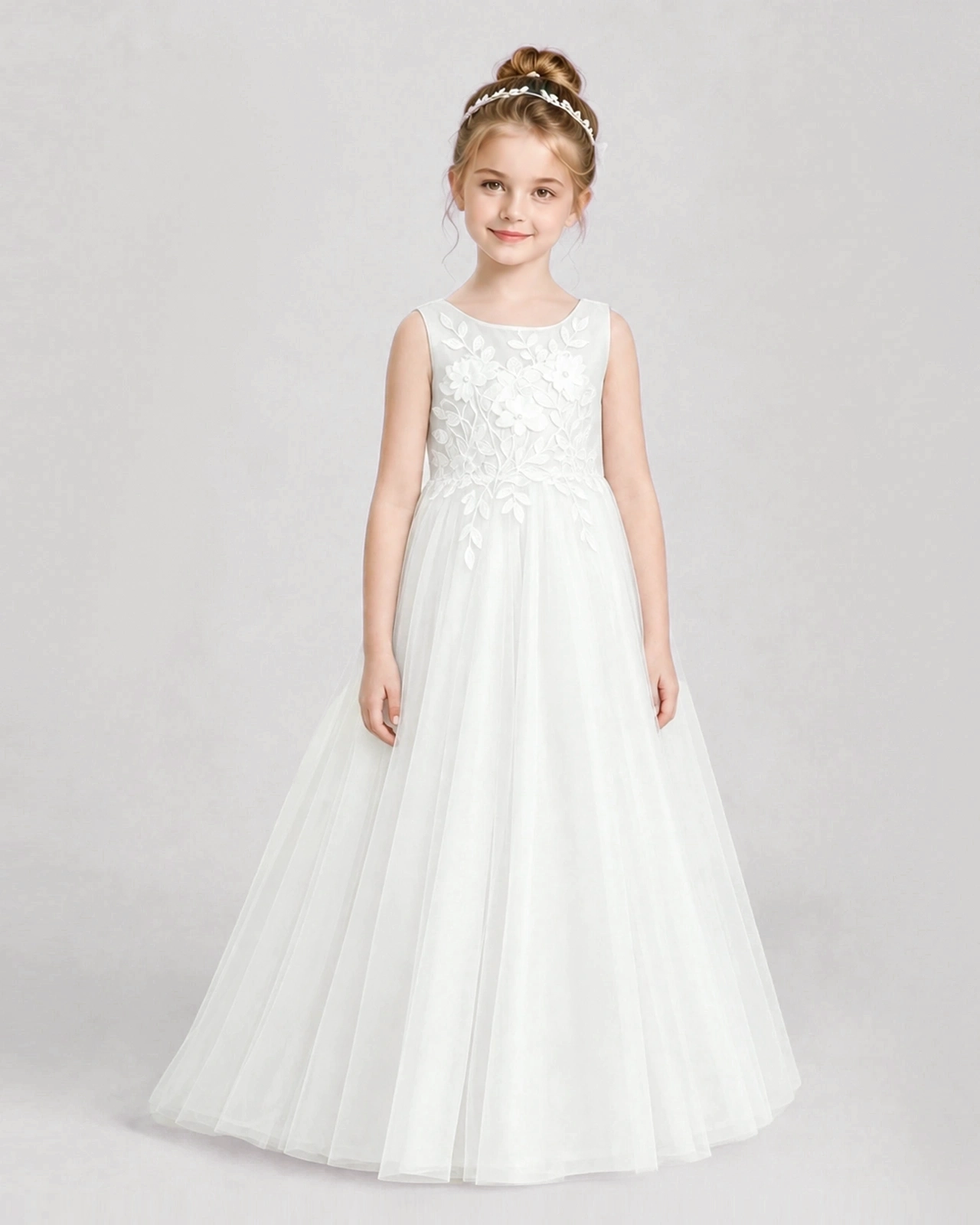 Ivory Flower Girl Dresses Deep V-Back Satin Bow Tulle Sweep Train Gown Front View
