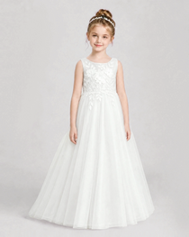 Ivory Flower Girl Dresses Deep V-Back Satin Bow Tulle Sweep Train Gown Front View