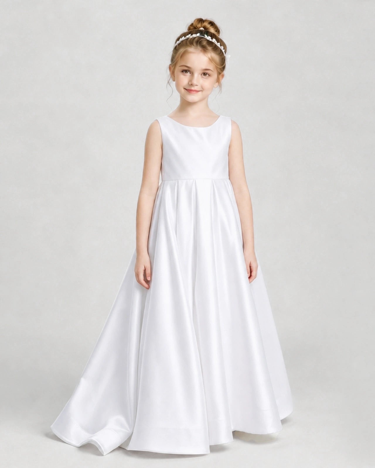 White Flower Girl Dresses Deep V-Back Satin Bow Tulle Sweep Train Gown Front View