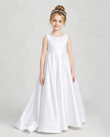 White Satin A-line Flower Girl Dress Front View