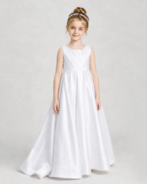 White Flower Girl Dresses Deep V-Back Satin Bow Tulle Sweep Train Gown Front View