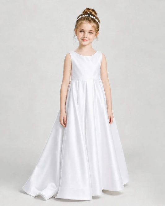 White Satin A-line Flower Girl Dress Front View