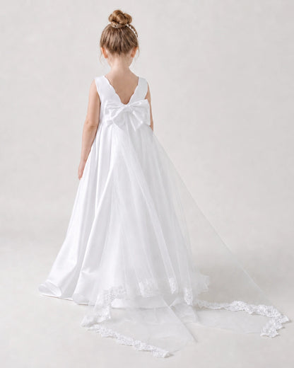White Flower Girl Dresses Deep V-Back Satin Bow Tulle Sweep Train Gown Back View