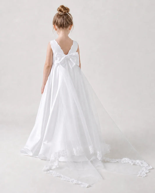 White Satin A-line Flower Girl Dress Back View
