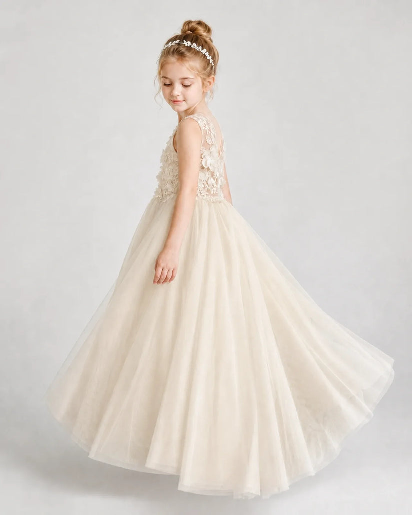 Champagne Tulle A-line First Communion Dress Side View