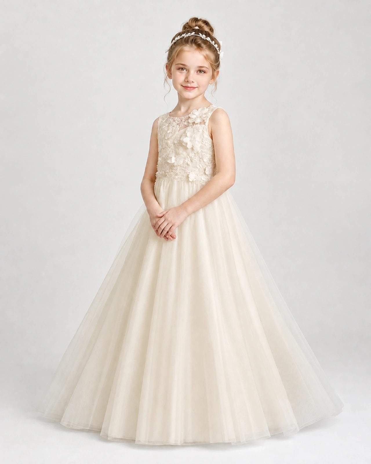 Champagne First Communion Dresses 3D Floral Lace Keyhole Back Tulle Floor-Length Gown Front View