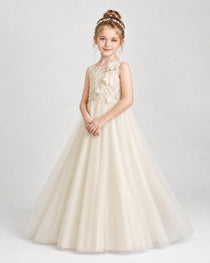Champagne First Communion Dresses 3D Floral Lace Keyhole Back Tulle Floor-Length Gown Front View