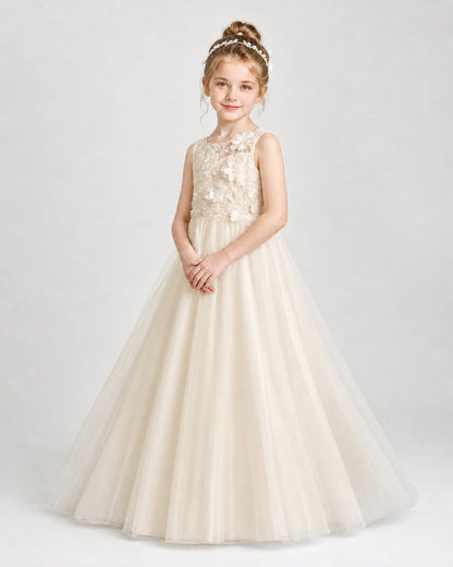Champagne First Communion Dresses 3D Floral Lace Keyhole Back Tulle Floor-Length Gown Front View