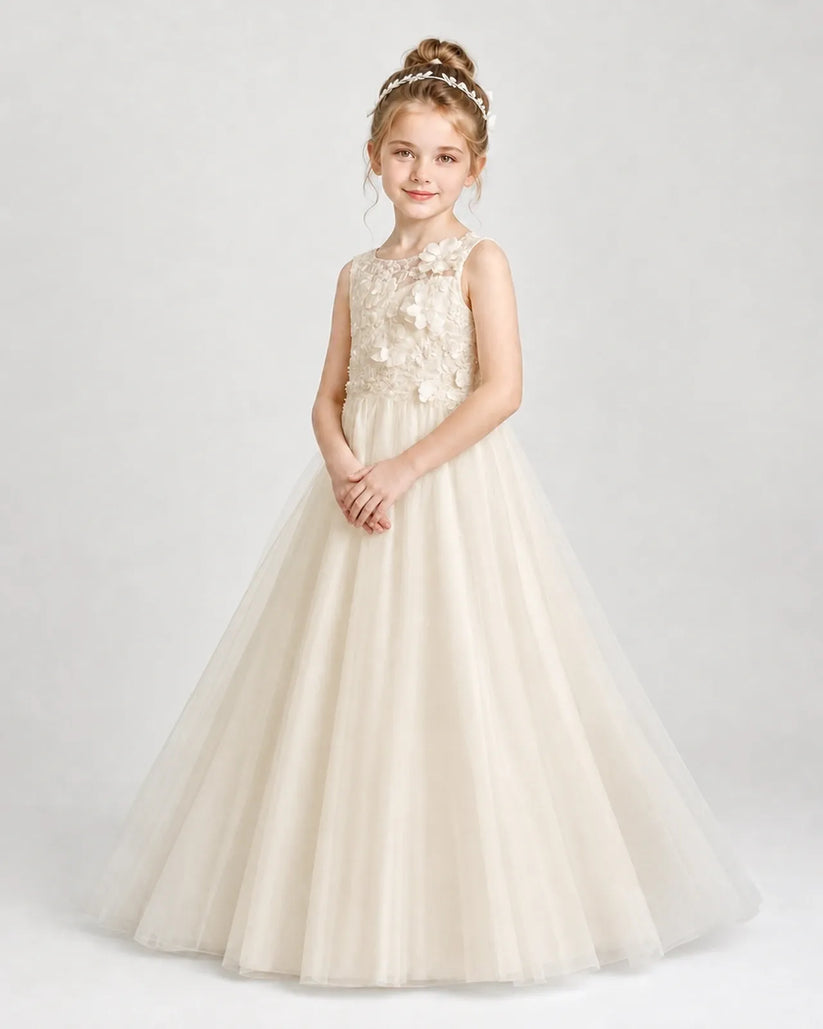 Champagne Tulle A-line First Communion Dress Front View
