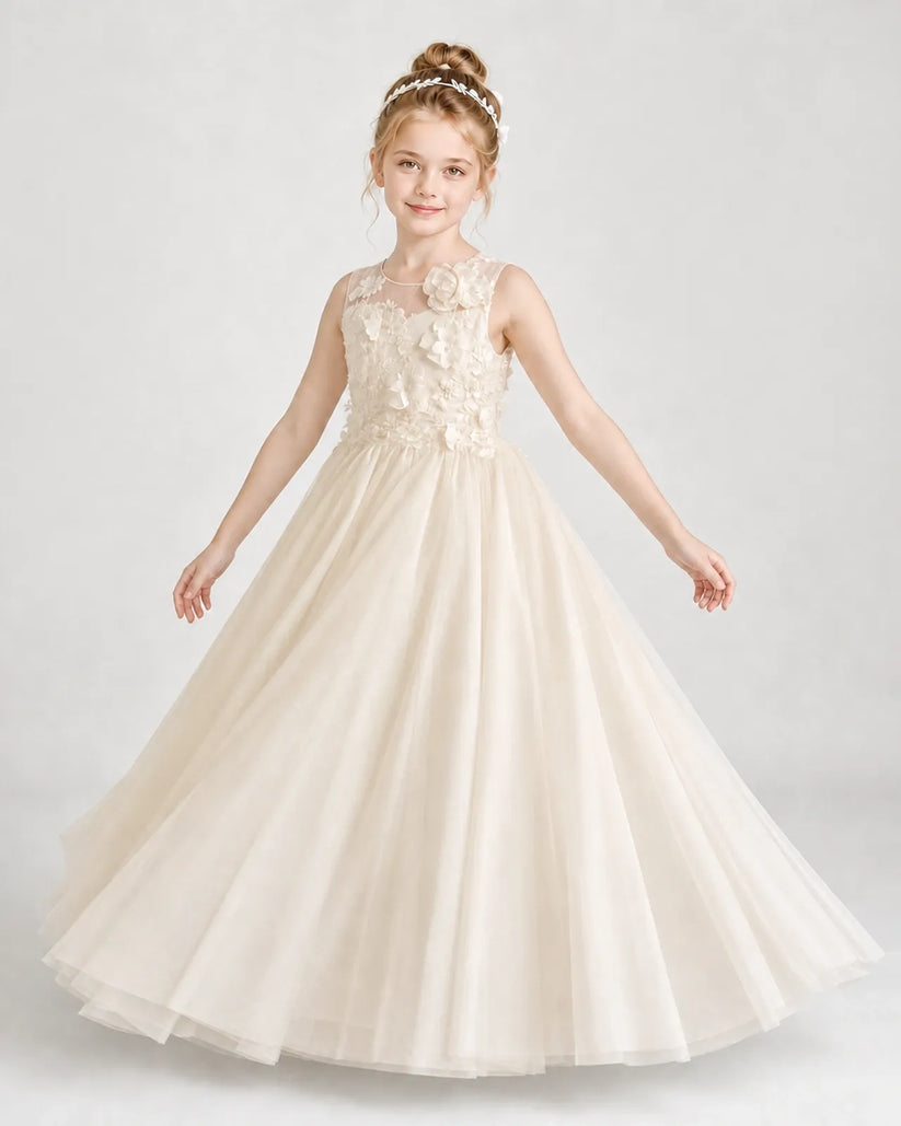 Champagne Tulle A-line First Communion Dress Front View