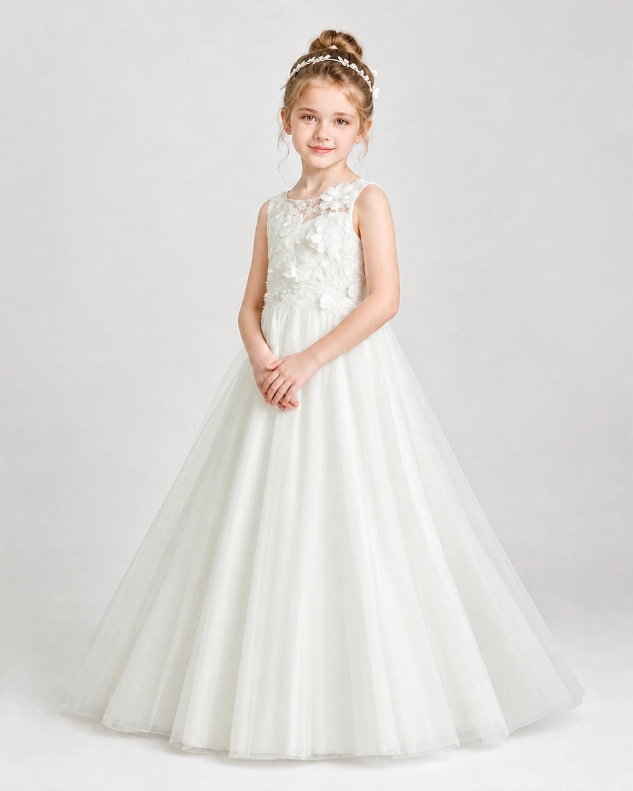Ivory First Communion Dresses 3D Floral Lace Keyhole Back Tulle Floor-Length Gown Front View