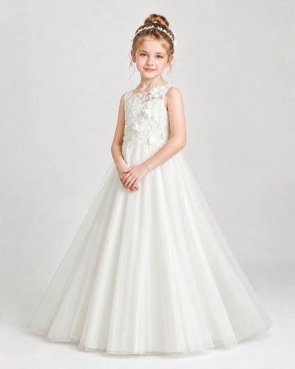 Ivory First Communion Dresses 3D Floral Lace Keyhole Back Tulle Floor-Length Gown Front View