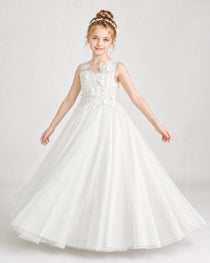 Ivory First Communion Dresses 3D Floral Lace Keyhole Back Tulle Floor-Length Gown Front View