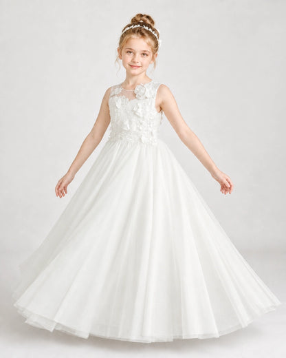 Ivory First Communion Dresses 3D Floral Lace Keyhole Back Tulle Floor-Length Gown Front View