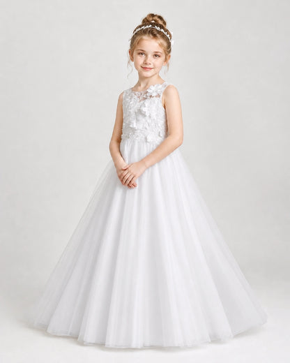 White First Communion Dresses 3D Floral Lace Keyhole Back Tulle Floor-Length Gown Front View