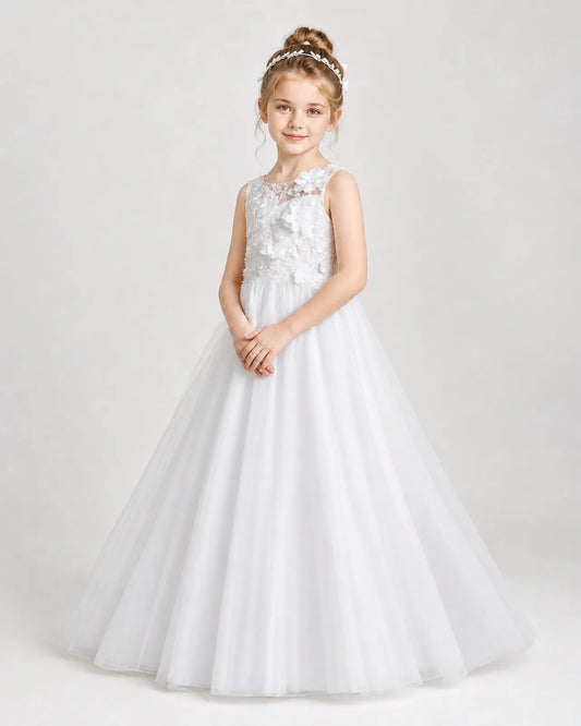 White Tulle A-line First Communion Dress Front View