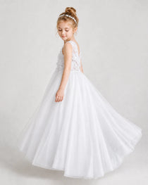 White First Communion Dresses 3D Floral Lace Keyhole Back Tulle Floor-Length Gown Side View
