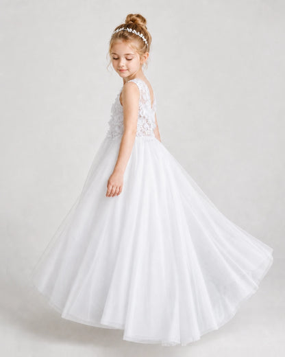 White First Communion Dresses 3D Floral Lace Keyhole Back Tulle Floor-Length Gown Side View